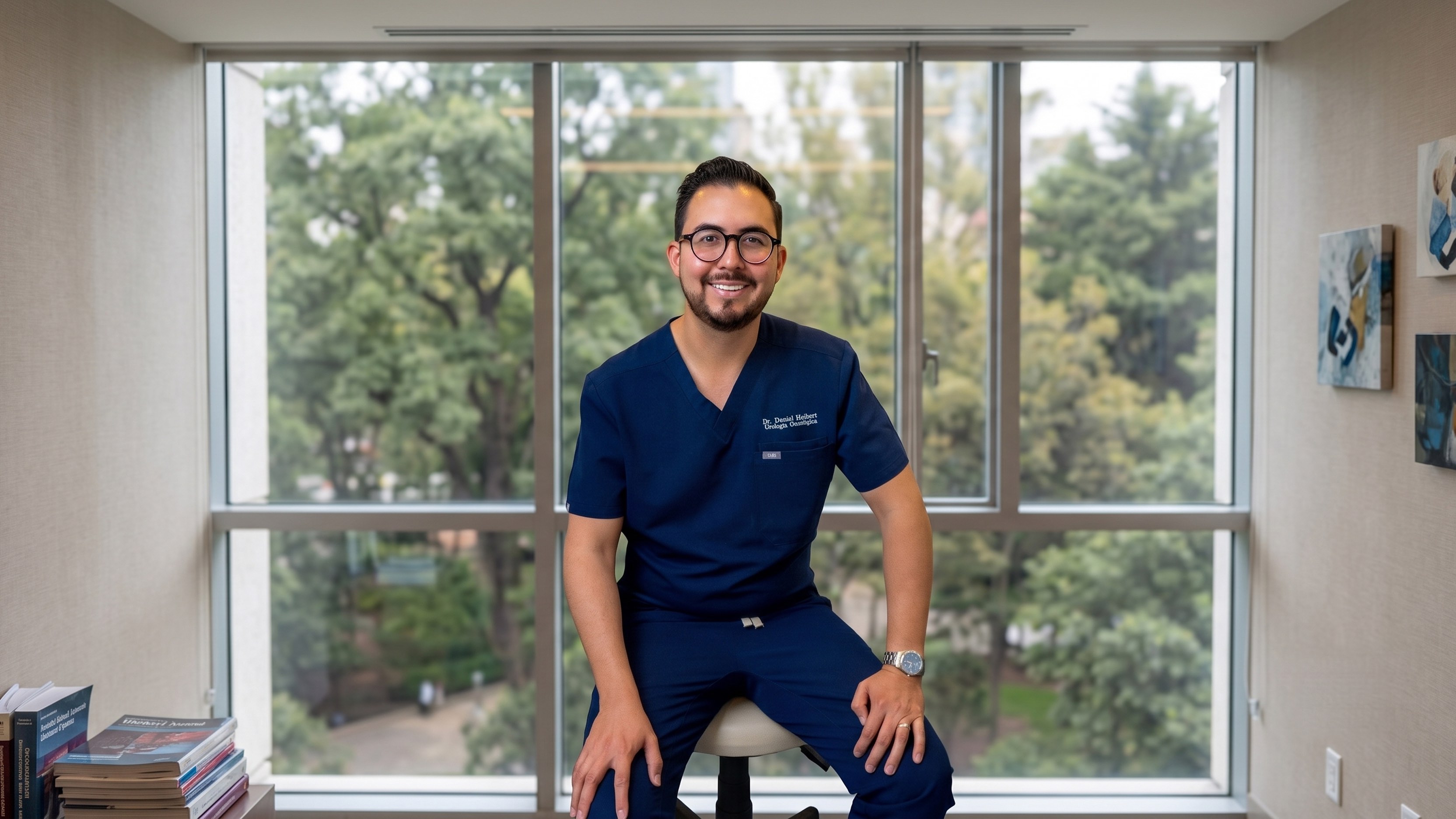 El Dr. Daniel Herbert Anaya, urólogo, con filipina azul marino, sentado en un taburete en su consultorio de San Luis Potosí ante un ventanal con vista a los árboles